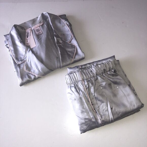 Victoria’s Secret Women Gray Star Embellished Pink Trim Pajama Set Large - Picture 1 of 16